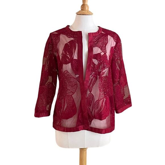 Chico's Travelers Red 3/4 Sleeve Embellished Sequined Sheer Evening Jacket, M - Picture 1 of 13